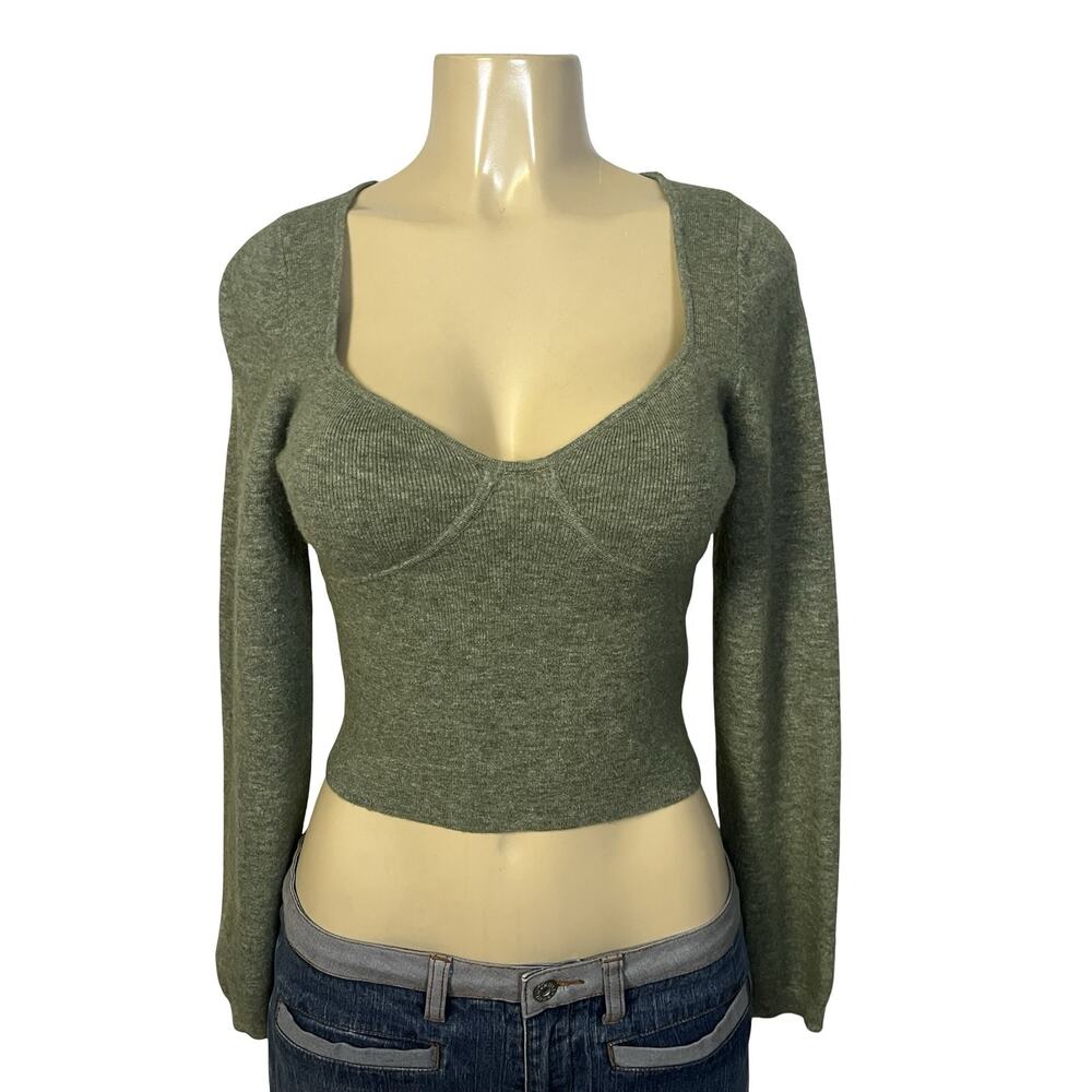 Wilfred‎ Aritzia Sweater Womens Large Green Square Neck Bustier Crop Long Sleeve